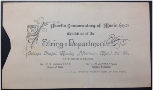 Fig 14: Oberlin Conservatory concert program, front. This is not from the concert Densmore wrote about in Letter No. 53, but includes the names of the Doolittle brothers, and is an example of what music was played at Oberlin.