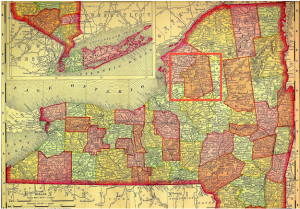 Map of New York, with Lewis County, location of Lowville, outlined in red. 