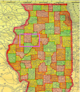 Peoria and Knox Counties, Irene’s final homes, in relation to the state of Illinois. Peoria is yellow; the county just west of it in red is Knox. Note St. Louis to the south.