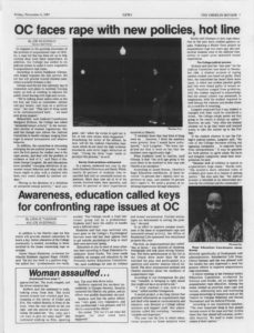 Visual 1: Title: Oberlin Review 1987, “OC faces rape with new polities, hot line // Awareness, education called keys for confronting rape issues at OC” Source: The Oberlin Review, 6 November 1987, O.C.A.